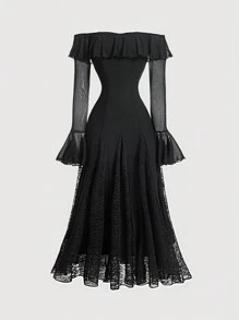 SHEIN MOD 大码黑色露肩超长女士太阳裙、秋季女士连衣裙、服装、秋季婚礼宾客礼服、文艺复兴时期连衣裙、露肩长袖连衣裙、返校节礼服、秋季婚礼宾客礼服、礼服、秋季女士连衣裙、长裙、舞会礼服、巫术服装 - 黑色 - 查看 1
