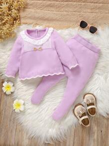 SHEIN 2pcs Newborn Baby Boy Color Block Knitted Sweater And Pants Set, Autumn/Winter