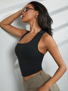 Hauture Women Solid Color Asymmetric Collar Cropped Slim Fit Sleeveless Top - Black - View 5