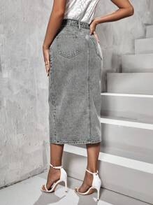 SHEIN Essnce Front Button Pocket Simple Split Denim Skirt, Casual Daily Wear - Light Grey - View 2