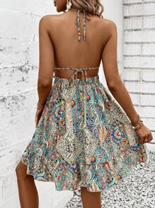 Breezaya Women Bohemian Style Printed Elegant And Graceful Backless Halterneck Dress Vacation Beach Outfit - Green - View 3