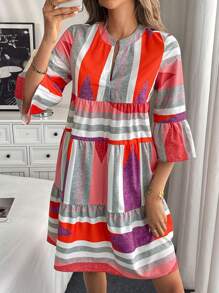 Breezaya V-Neck Mid-Length Sleeve Striped Simple Ruched Casual Dress - Multicolor - View 3