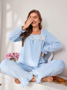 Fluffy Collared Cute Lace Women Pajamas Set - Multicolor - View 3