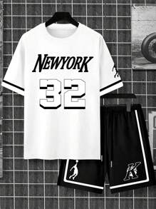 Manfinity Homme Plus Size Men's Minimalist Printed Crew Neck Short Sleeve Shorts Set
