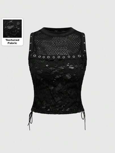 Grunge Punk Women Punk Contrast Mesh Cut Eyelet Side Waist Drawstring Tank Top