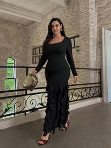 SHEIN Privé Plus Size Elegant Commute & Date Night Sexy Concert Design Scoop Neck Long Sleeve Fitted Black Maxi A-Line Ruffle Hem Dress - Black - View 9