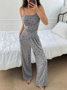 DAZY Asymmetrical Allover Print Loose Straight Leg Jumpsuit Pajama Set - Grey - View 4
