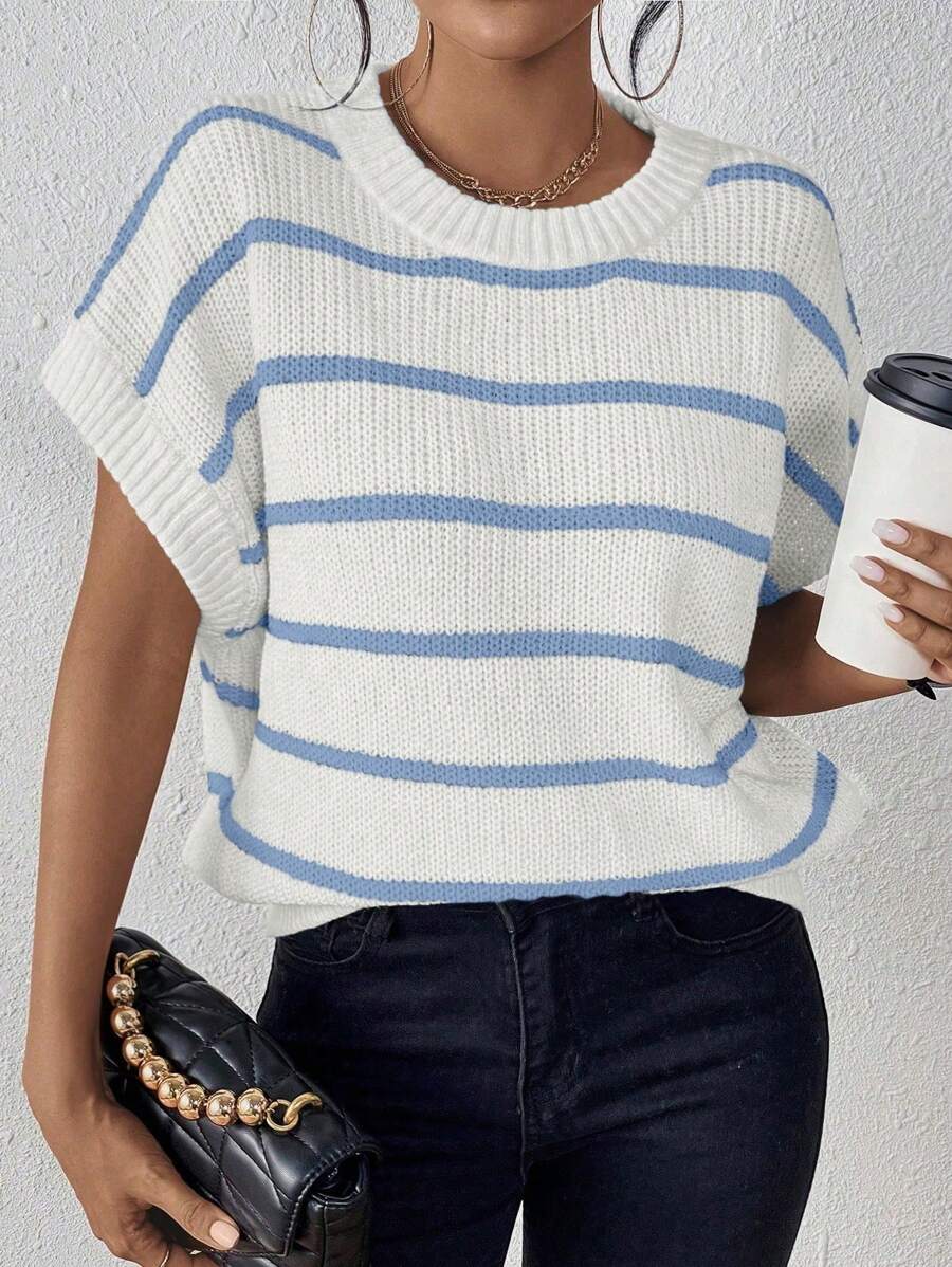 Chiquease Áo len dệt kim rộng cổ tròn tay cánh dơi kẻ sọc, mặc thường ngày - Màu xanh lam - Xem 1