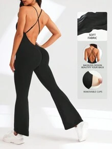 Combinaison de sport sans couture, élastique et sans dos, sans manches, combinaison de sport couvrant tout le corps - Noir - Voir 1