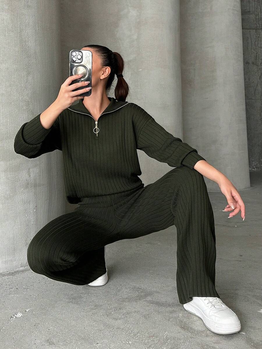 SHEIN Cottnline Casual Rib Knit Soft Touch Mock Golden Half Zipper Neck Sweater & Wide Leg Rib Knit Sweater Pants 2 Piece Set - Army Green - View 1