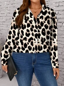 SHEIN LUNE 大码女式休闲豹纹宽松长袖翻领纽扣衬衫，秋冬 - 卡其色 - 查看 3