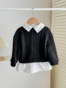 SHEIN 女宝宝可爱二合一拼色领子荷叶边长袖运动衫，秋冬款 - 黑與白 - 查看 3