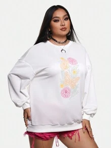 Cecilia Maafs Artist Day Of The Dead Women's Plus Size Long Crewneck Sweatshirt, For Holiday, Vacation, Spring, Festival, For Workout, Ibiza Fits, Western Wear