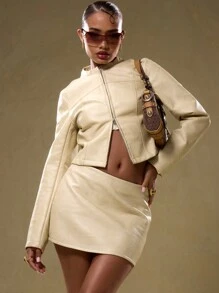 MUSERA 仿皮修身高领收腰拉链 PU 夹克 - 黃色 - 查看 3