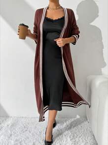 SHEIN Essnce كارديجان بياقة مستديرة نسائي منقوش مخطط طويل الأكمام كارديجان بتصميم واسع للموسم البارد - متعدد الألوان - مشاهدة 1