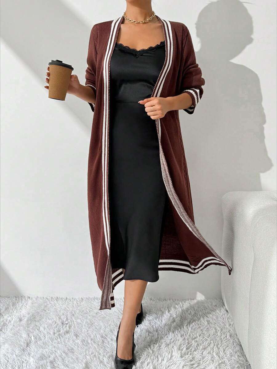 SHEIN Essnce كارديجان بياقة مستديرة نسائي منقوش مخطط طويل الأكمام كارديجان بتصميم واسع للموسم البارد - متعدد الألوان - مشاهدة 1