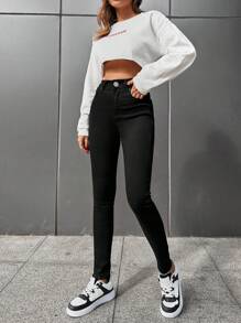 RueChic Solid Slant Pocket Skinny Pants - Black - View 3