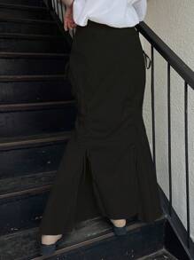 FRIFUL Women's Casual Solid Color Ruched Slit Skirt, Spring Autumn - Black - View 5