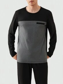 2pcs Men's Color Block Patch Crew Neck Long Sleeve Shirt And Pants Loungewear Set, Fall Clothes - Black - View 4