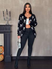VaVaBold Áo len cardigan dài mềm mại họa tiết đầu lâu xương sọ Halloween đen trắng mới dành cho nữ - màu đen - Xem 5