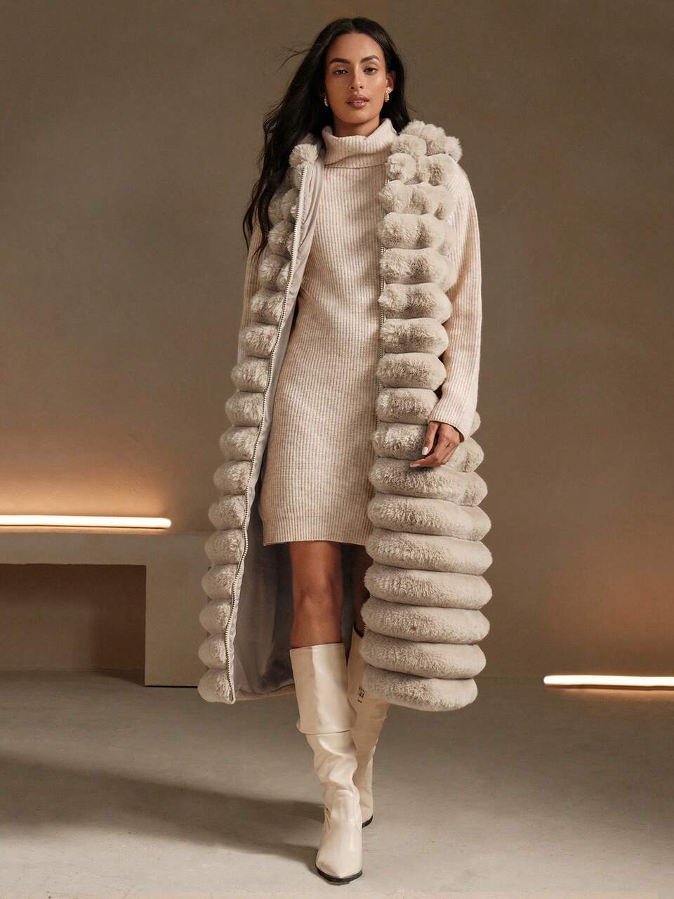 Women's Long Hooded Plush Vest Jacket