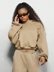 SUMWON WOMEN Cropped Athletic Hoodie Sweatshirt Oversized Balloon Sleeve Drawstring Waist Workout Loungewear Fall Winter Activewear Casual Sporty - Khaki - View 1