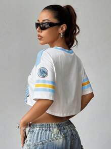 StreetHx 1pc Fashionable Contrast Color Cropped Ribbed Sporty Casual T-Shirt Graphic Tees Women Tops - Blue - View 2