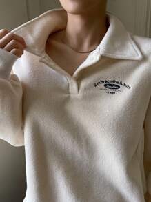 DAZY 女士宽松字母刺绣翻领长袖卫衣，长袖上衣，秋季女装，保暖内衬 - 杏色 - 查看 7