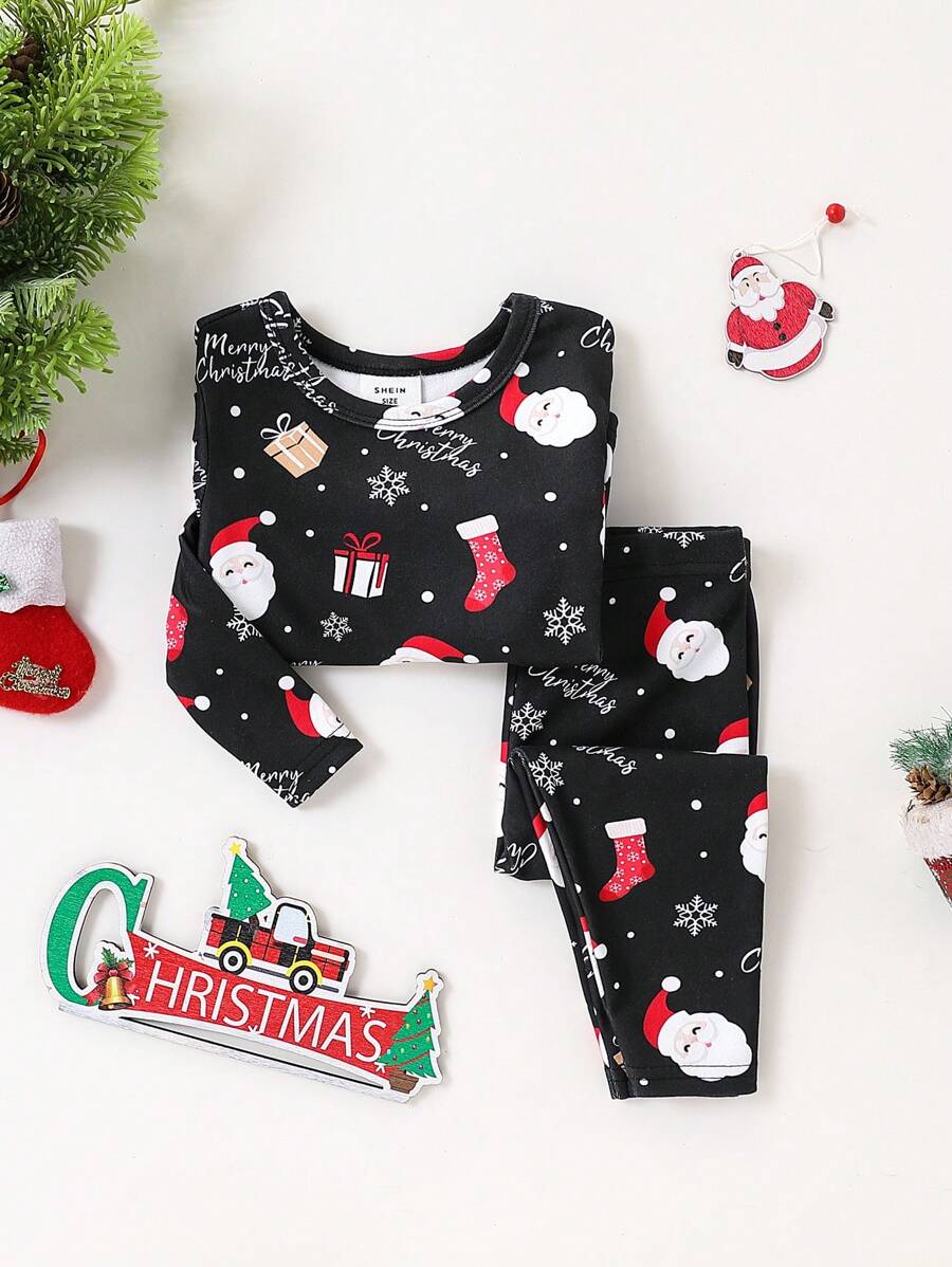 SHEIN 2 件装男婴舒适圣诞老人卡通印花长袖上衣和裤子睡衣套装 - 黑色 - 查看 1