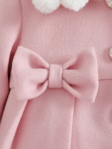 SHEIN Baby Girls' Fluffy Collar Bow Design Jacket, Autumn & Winter - Pink - View 5