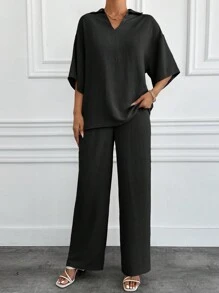 EURMUSE Solid Woven Collared V Neck  Utility Shirt & Pant Set - Black - View 5