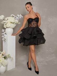 L'Amorae 亮片节日派对分层欧根纱迷你连衣裙，圣诞服装女士 - 黑色 - 查看 3