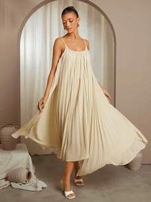 SHEIN Unity 女士纯色褶皱长款宽松休闲吊带连衣裙 - 黃色 - 查看 1