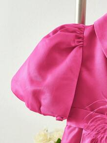 SHEIN Tween Girl 2-Piece Set: Solid Color Puff Sleeve Blouse And Flared Trousers