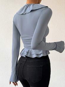 Allurite Ruffle Trim Flare Sleeve Ruched Side Tee - Dusty Blue - View 2