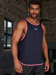 Gym Rark Plus Size Men's Contrast Trim Crew Neck Sleeveless Letter Printed Minimalist Sports Tank Top - Navy Blue - View 6