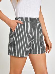SHEIN LUNE 女士松紧腰条纹宽松休闲短裤 - 灰色 - 查看 5