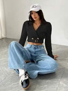 SHEIN EZwear Women's Solid Color Lapel Collar Long Sleeve Cropped Casual Trench Coat, Spring & Autumn - Black - View 6