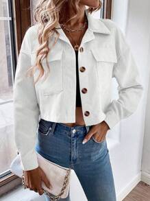 EMERY ROSE Jaqueta Cargo Curta de Cor Sólida Casual para Primavera e Outono - Branco - Visão 4