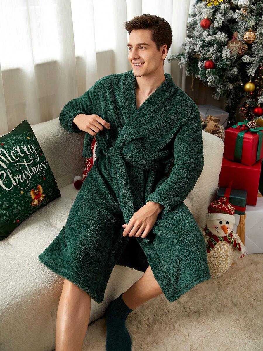 男士纯色长袖羊毛浴袍，秋冬 - 墨綠色 - 查看 1