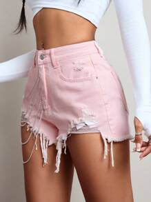 SHEIN EZwear Shorts vaqueros de verano con cadena decorativa, con bajos deshilachados y desgarrados - Rosa - Ver 7