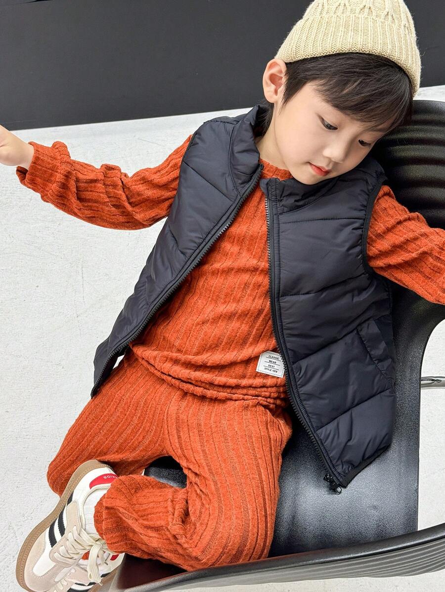 SHEIN 2-teiliges Kleine Jungen Einfarbig Langarm Lässig Outfit, Oberteil und Hose