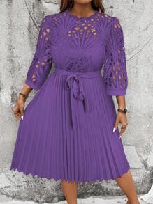 Cravure Plus Size Women Contrast Lace 3/4 Sleeve Elegant Ruffle Hem Dress Wedding