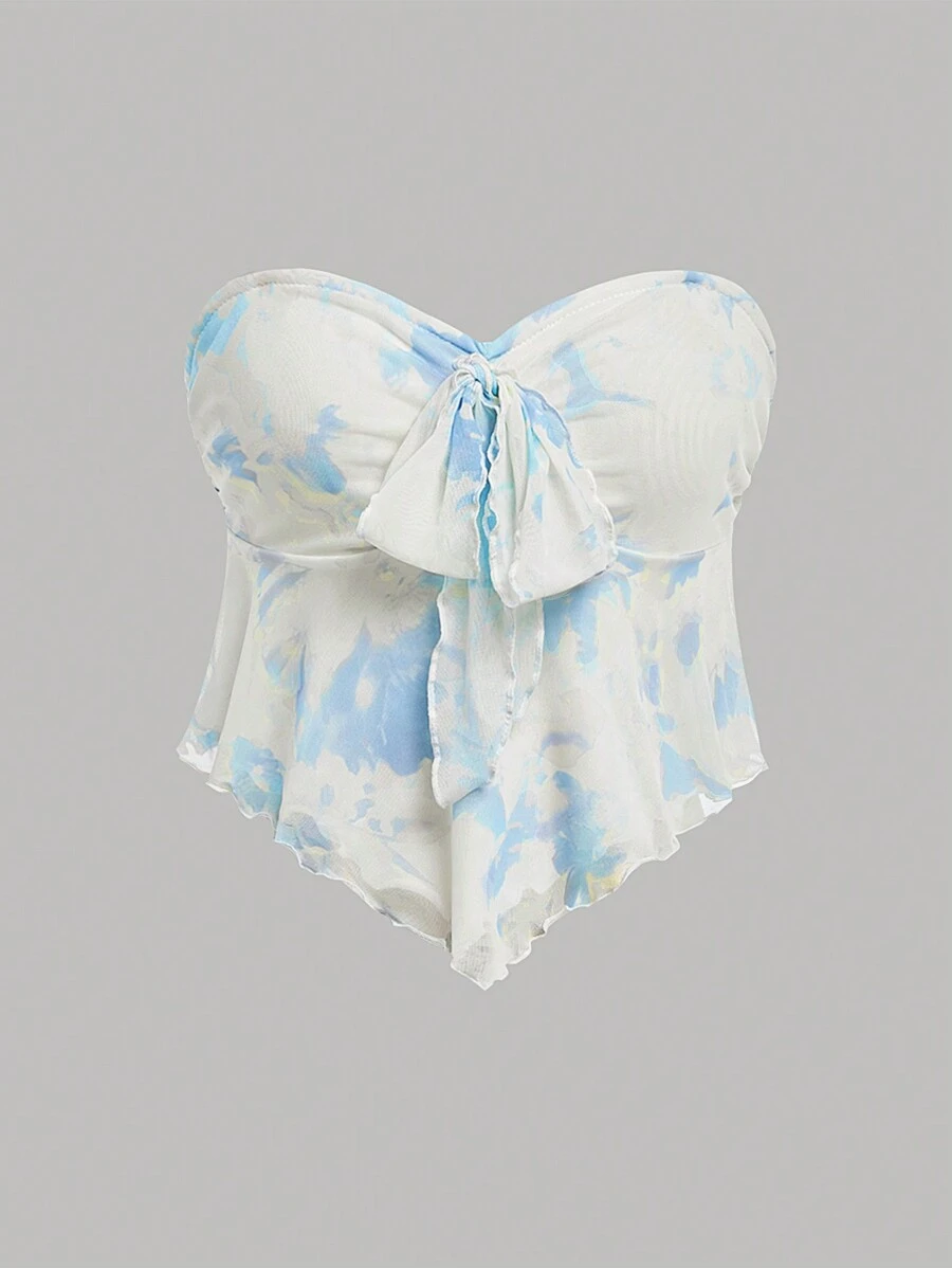 SHEIN Teen Girl Tie Dye Print Front Tie Bow Mesh Bandeau Top