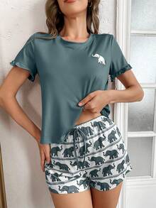 大象印花短袖短裤睡衣套装 - 霧霾藍 - 查看 5