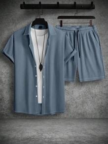 Manfinity Homme 2pcs Men's Solid Color Shirt Collar Button Down Short Sleeve Casual Top And Pocket Shorts Set