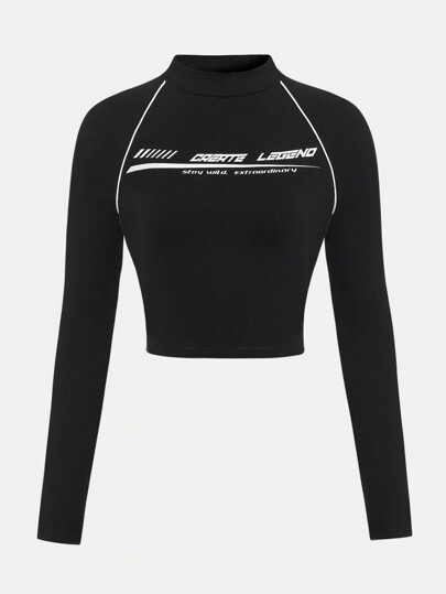 SHEIN Girlism Top court casual pour adolescente avec manches raglan, col montant noir, bandes contrastées et imprimé lettrage