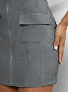 SHEIN Unity Business Casual Cargo Pocket Zip Up Tube Mini Dress - Grey - View 7