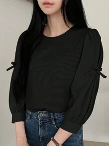 DAZY Women's Bow Decor Puff Sleeve Casual Business Shirt,Long Sleeve Tops - Black - View 5