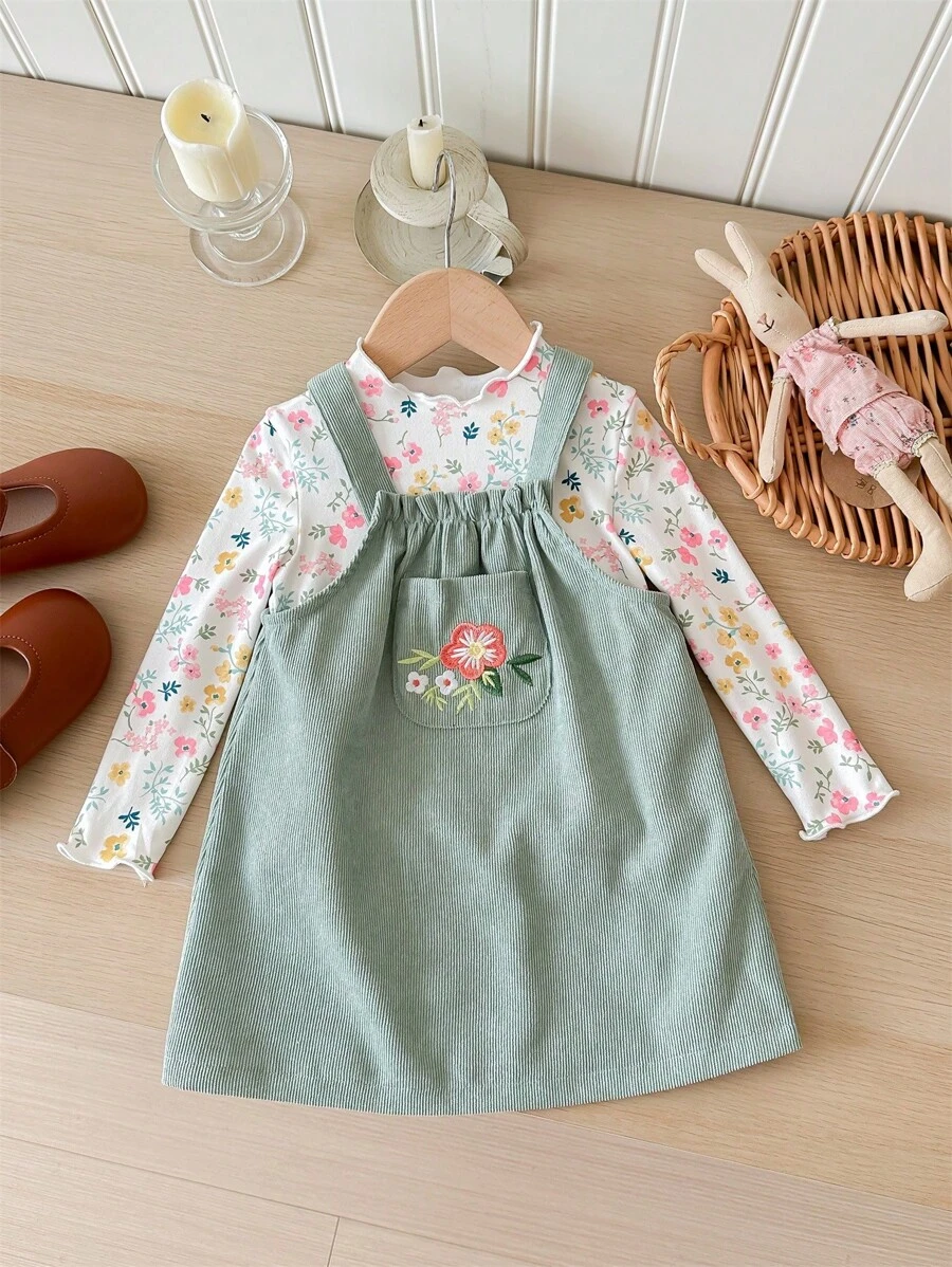 SHEIN LMoss Kids LMoss Baby Girl Baby Girl Dễ Thương Mùa Thu Vải Nhung Thêu Hoa Dây Đeo Và Bộ Áo Dài Tay Họa Tiết Hoa Ditsy - màu nâu - Xem 1